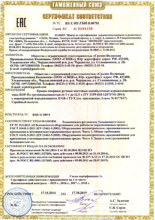 сертификат краны опорные ВБИ до 12,5т
